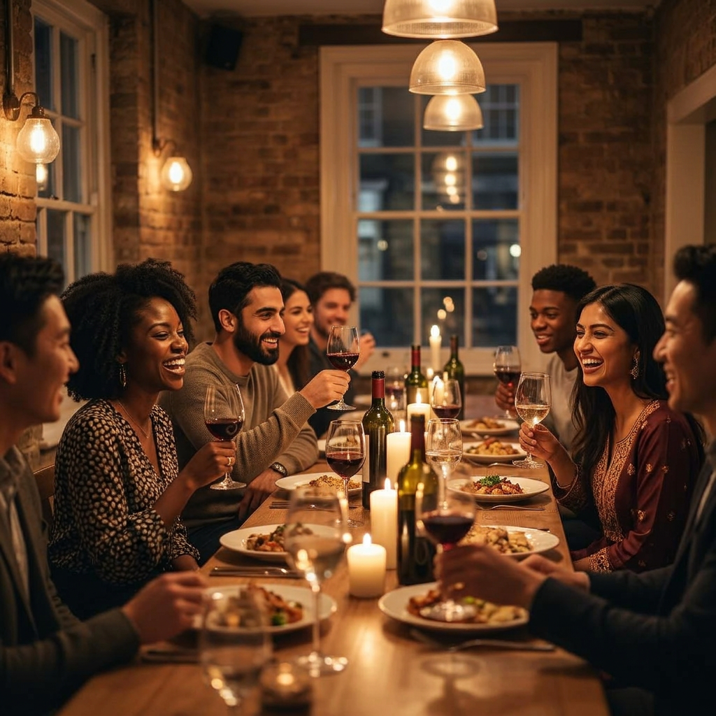 Friends laughing together around a candlelit London dinner table