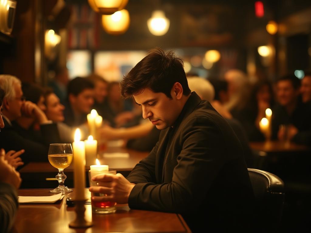Thoughtful person sitting at a candlelit London pub table while a crowd blurs behind them