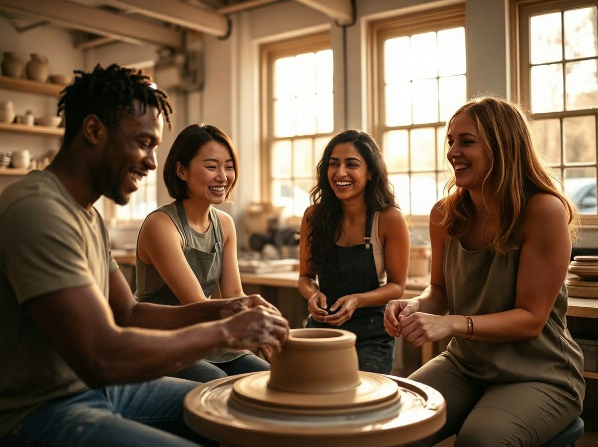 Friends laughing together at a pottery wheel in a sunlit London studio
