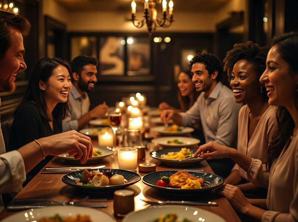 Friends sharing plates of food around a candlelit restaurant table