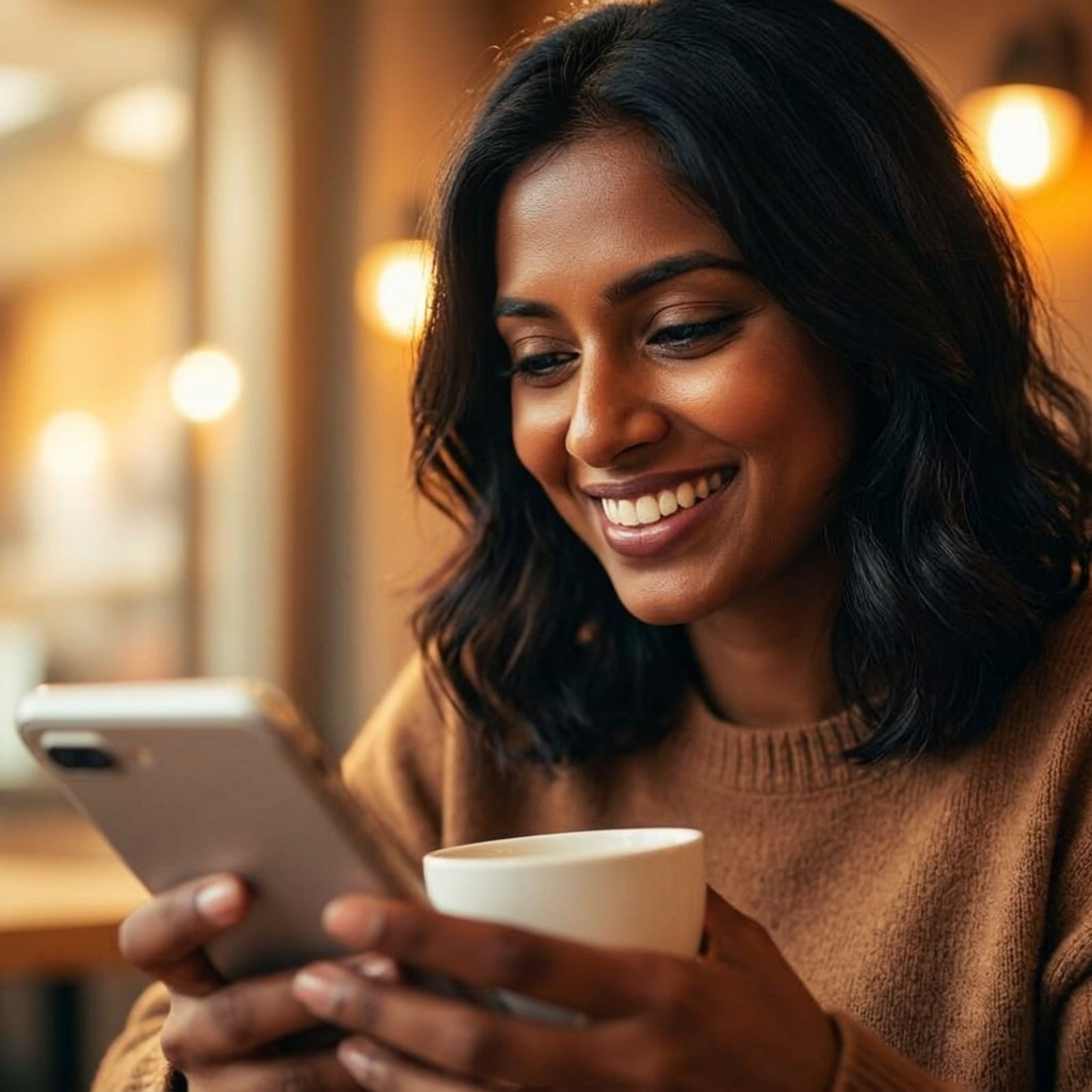 Someone smiling at their phone in a warm cafe