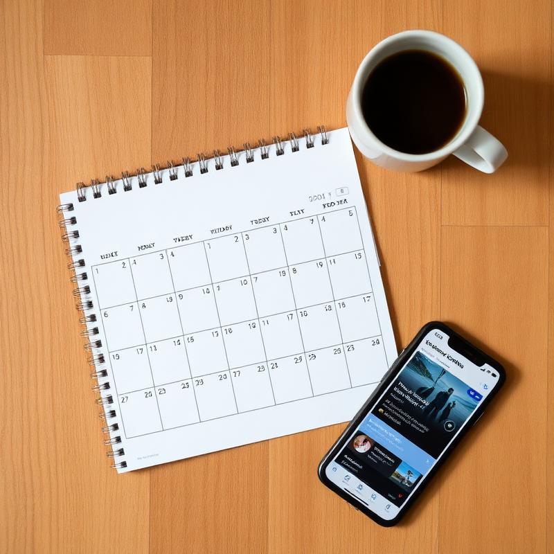 Calendar, coffee, and phone with event listings on a wooden table