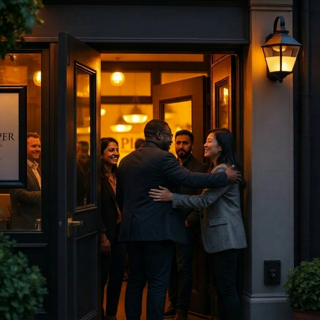 Friends greeting each other outside a warmly lit London restaurant